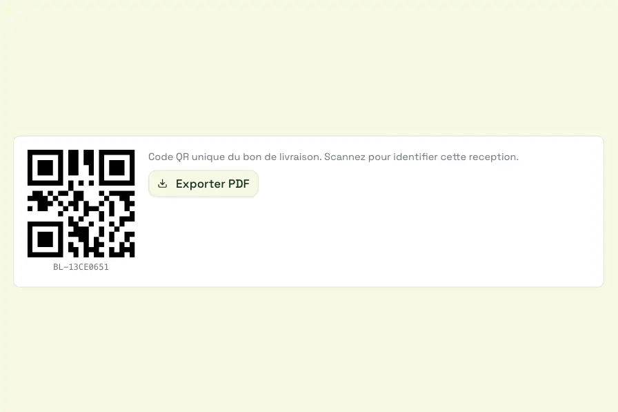 Capture de Theo : code QR d’un bon de livraison et bouton d’export PDF
