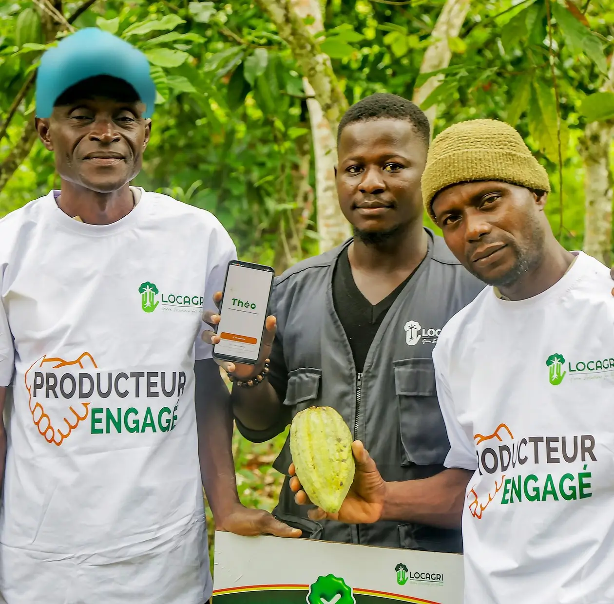 Producteurs engagés et technicien de LOCAGRI, une cabosse de cacao et un téléphone en main