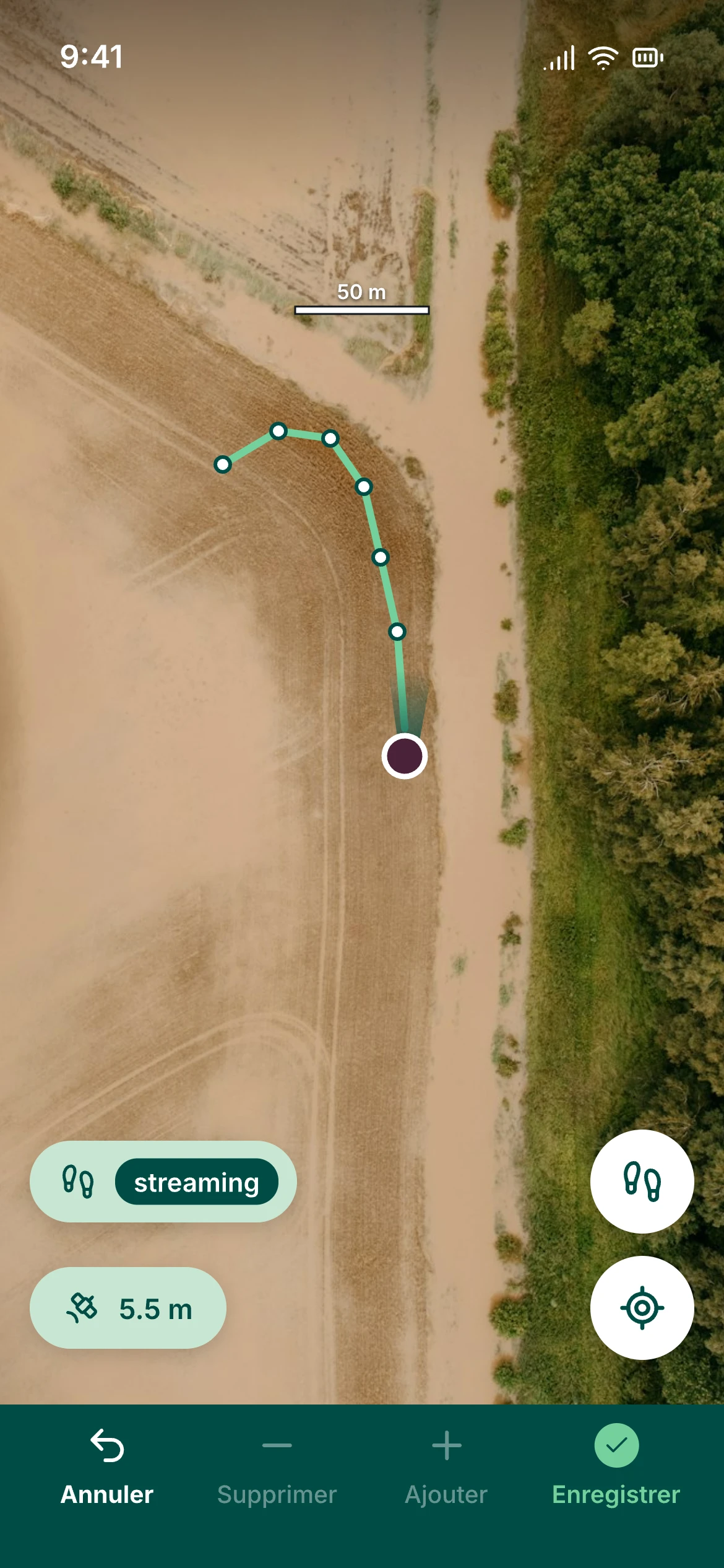 Écran de l’application mobile Theo : tracé d’une parcelle en cours, point par point, avec la précision du GPS
